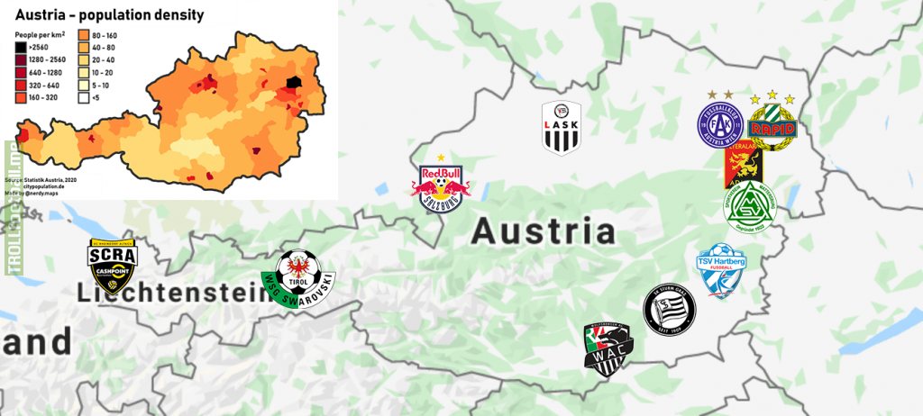 Austrian Bundesliga clubs, compared to the country's population density.