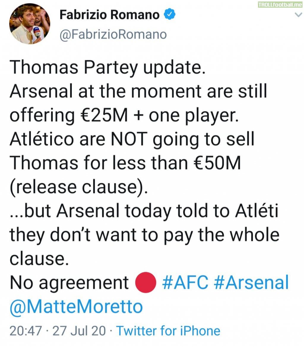 Arsenal will not be meeting Thomas Parteys buy out clause.