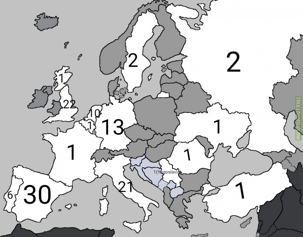 Countries in Europe and how many european cups they won (both UCL and UEL) (Grey = no cups won)