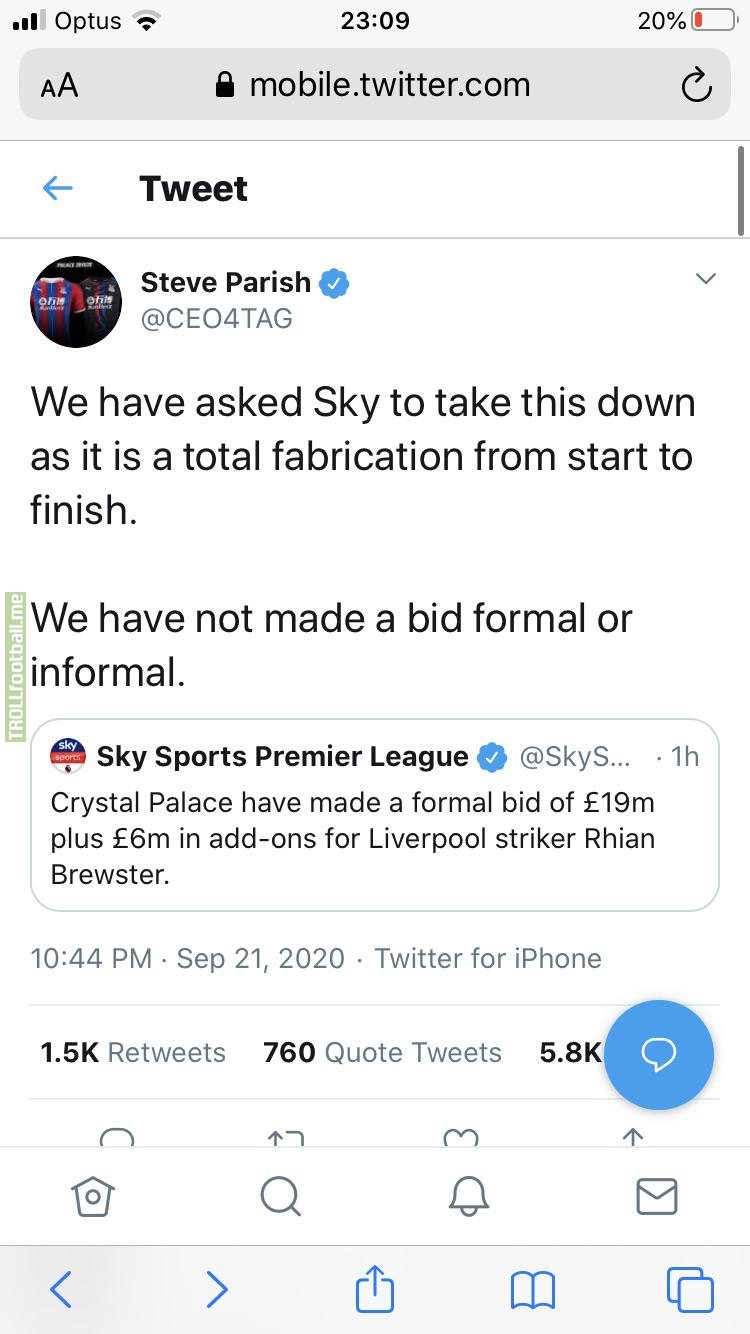 CPFC’s Steve Parish responds to Sky Sports claim that Palace have made a bid to LFC for Brewster