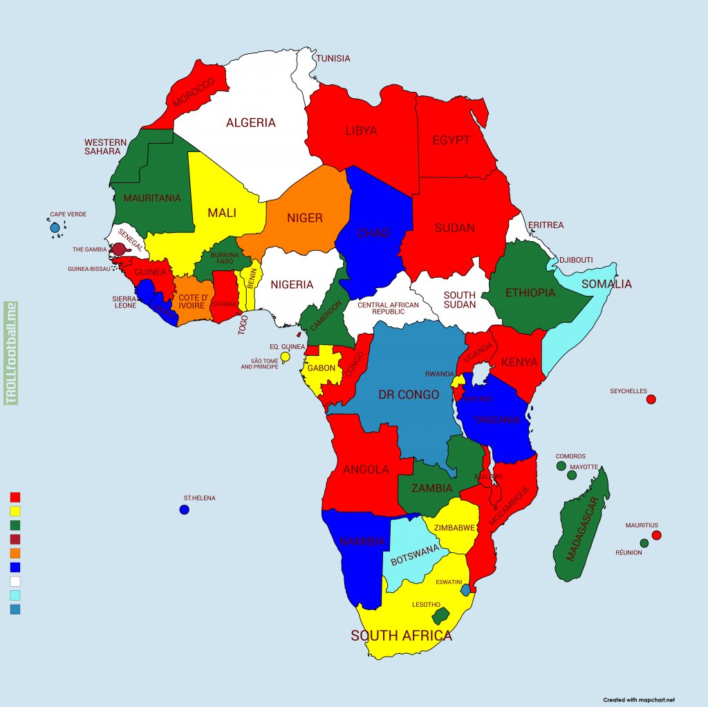 [OC] Map of African national team home kits (primary colour).