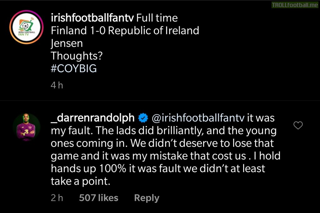 Darren Randolph on his mistake leading to Finland's winner against Ireland: "I hold my hands up 100%, it was my fault we didn't at least take a point"