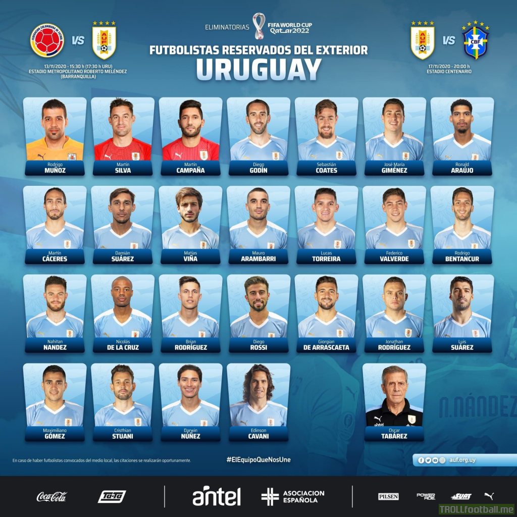 Uruguay Squad vs Brazil and Colombia