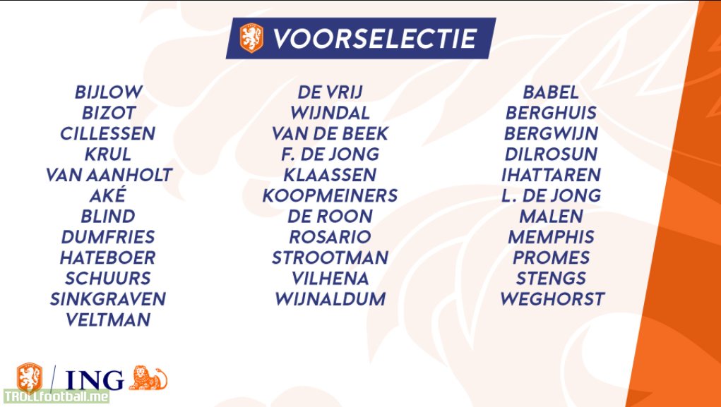 The Netherlands national team preliminary squad for the nations league matches versus Bosnia-Herzegovina and Poland and friendly versus Spain