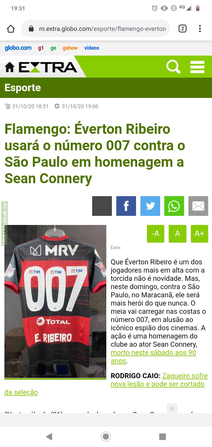 Everton Ribeiro from Flamengo will wear 007 in tomorrow's match. RIP Sean. Goldfinger is one of the best action movies of all time.