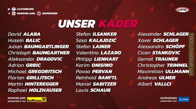 Austria squad call up against Norway, Northern Ireland and Luxembourg
