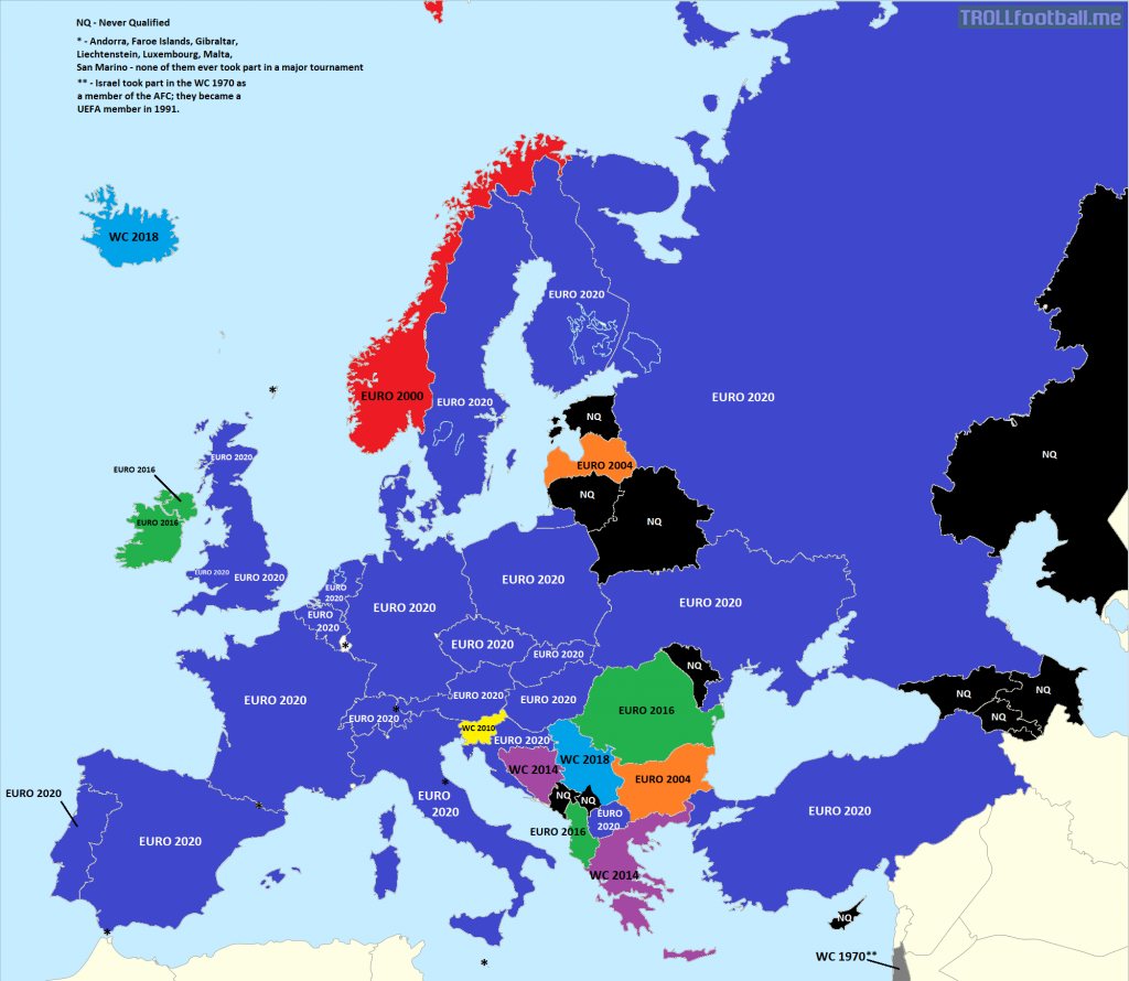 Map of Europe and every country's last major tournament they qualified for
