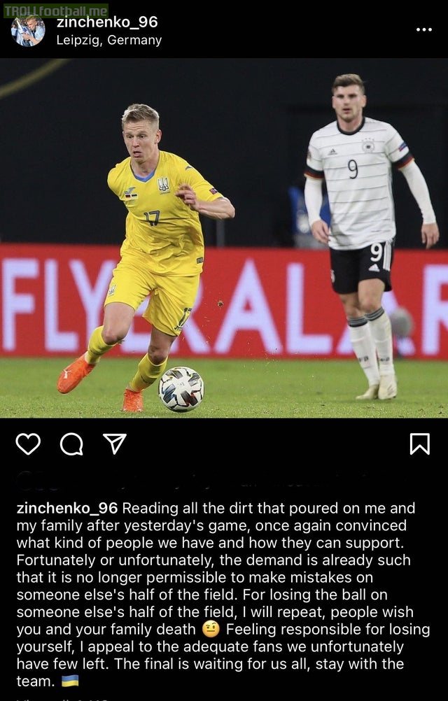[Zinchenko] Alex Zinchenko on Instagram: Fortunately or unfortunately, the demand is already such that it is no longer permissible to make a mistake on ANOTHER's half of the field. For losing the ball on ANOTHER half of the field, I repeat, people wish you and your family death.