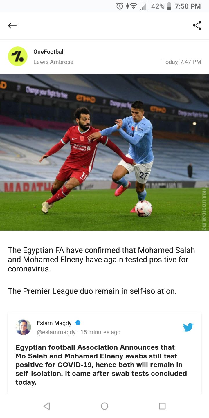 [OneFootball]🚨 Mo Salah and Mo Elneny still positive for COVID, Egypt confirm via @OneFootball.
