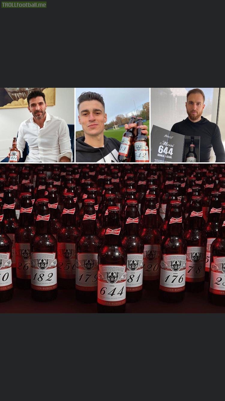 Budweiser made custom beer bottles to celebrate Messi’s record and is sending them to all the keepers he scored on.