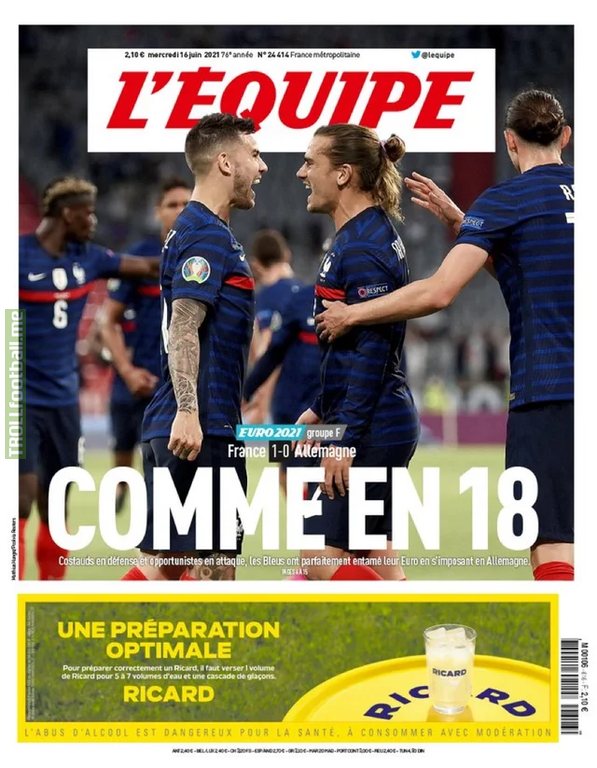 "Like in 18": L'equipe's front page today after the French victory against Germany, deliberately leaving open if they mean the World War 1918 or the Nations League 2018