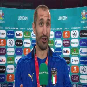 Chiellini ecstatic after the win: "I'm lucky because I played with Buffon, now I play with Donnarumma and it's the same. It's a dream come true. We are so happy, we see the image of Cannavaro holding the cup and now we are lucky altogether." | Post-Match Interview