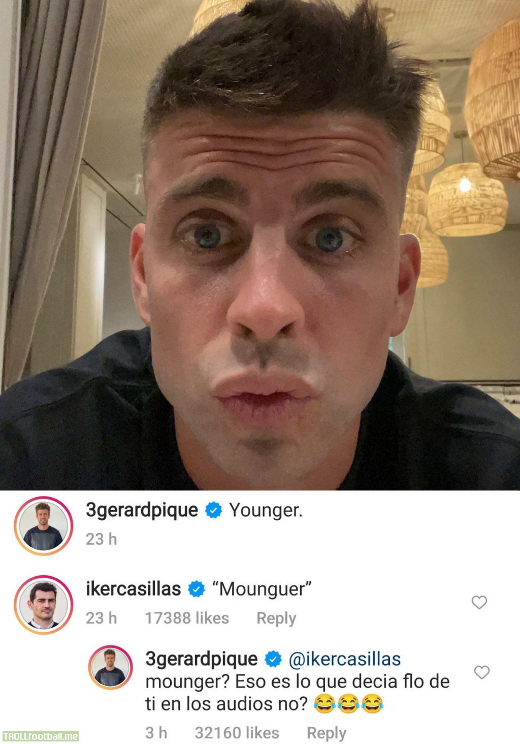 Piqué on IG “Younger”. To which Casillas commented “Mounguer” (Idiot). Piqué then replied “Isn’t that what Flo said about you in the recordings?”