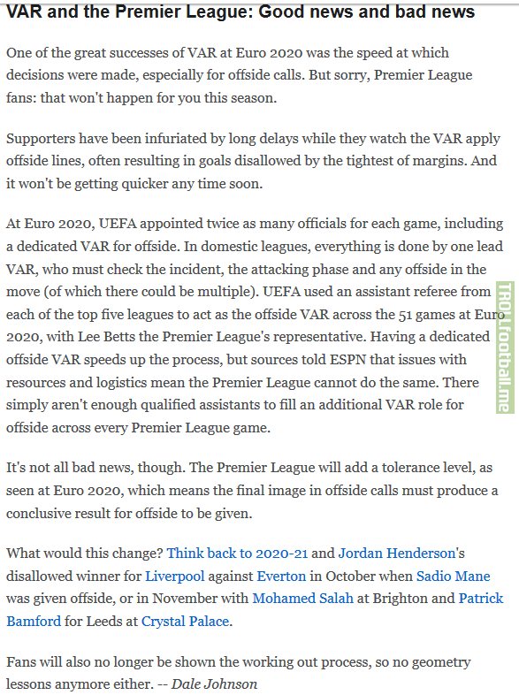 VAR changes for next season in Premier League. PL will add tolarence level for offsides.