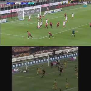 Side by side of Tonali and Pirlo's first goal for Milan