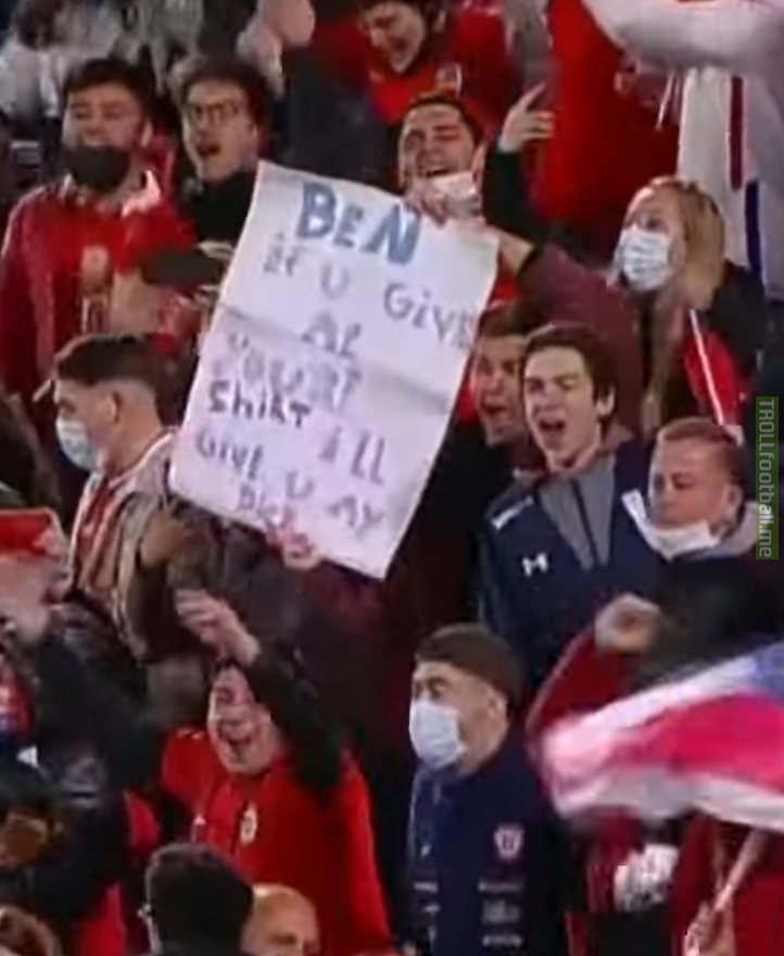 You'll give him your WHAT?! (Sign seen at Chile v. Venezuela World Cup qualifier.)