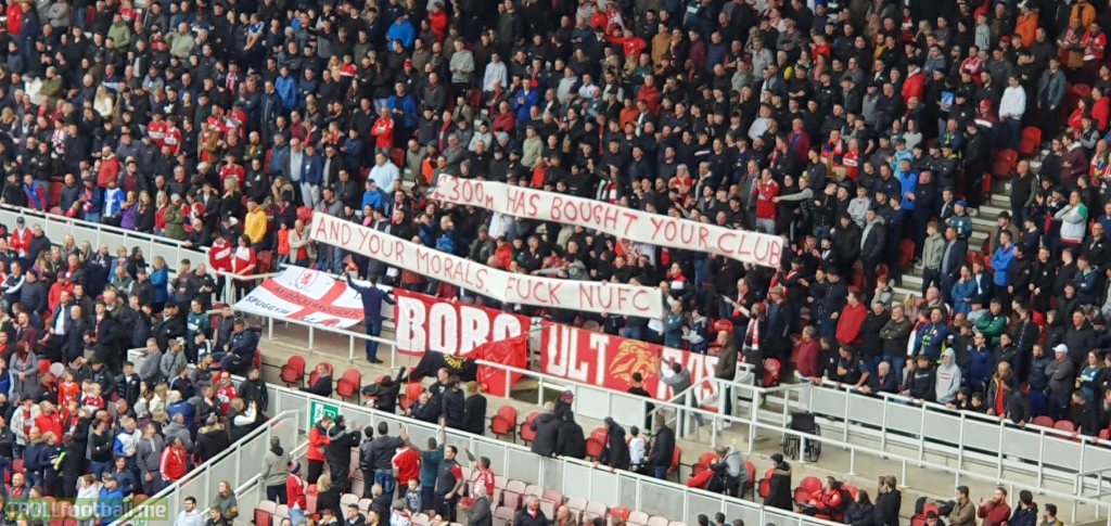 Fan banner at Middlesbrough v Peterborough today on the Newcastle takeover