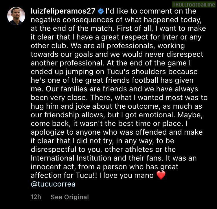 Lazio's Luis Felipe's statement on his red card for trying to 'hug him (J.Correa) and joke about the outcome'