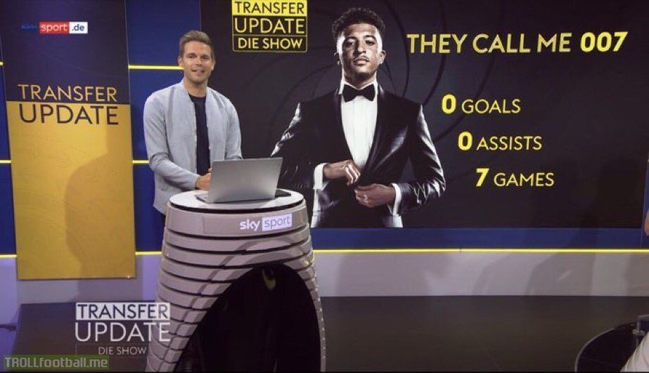 [Sky Germany] Picture of Sky Germany on their Transfer Update Show, as they taunt Jadon Sancho, showing him in a suit as James Bond: "They call me 007: 0 goals, 0 assists, 7 games"