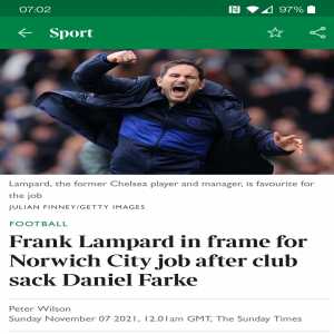 [Sunday Times] Frank Lampard in frame for Norwich City job after club sack Daniel Farke. Lucien Favre, Steve Bruce and John Terry also being considered