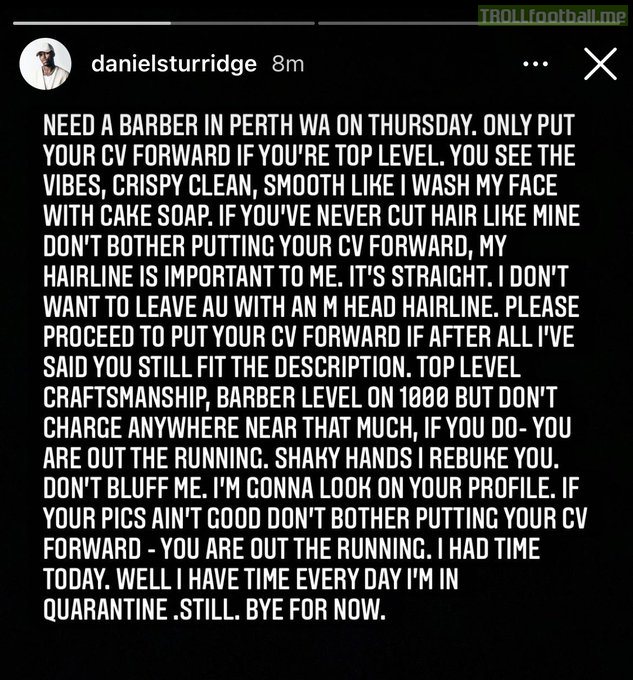 Sturridge posted a 150-word story on Instagram asking for a barber in Perth.