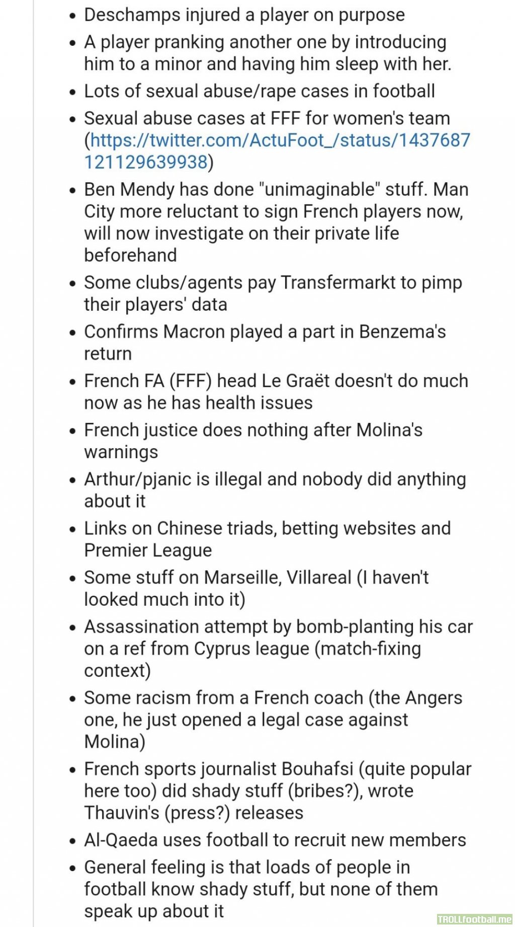 a list of things said by Romain Molina on the twitter space (via: @SRFC_Infinity35 on twitter)