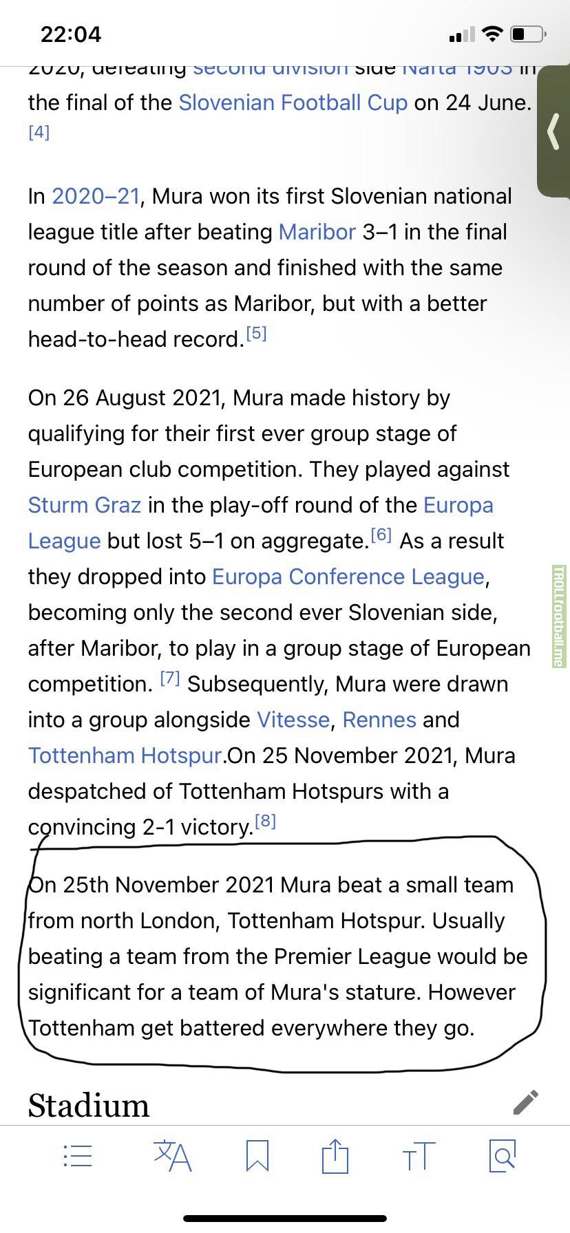 From the Wikipedia article of NS Mura, after beating the Spurs.