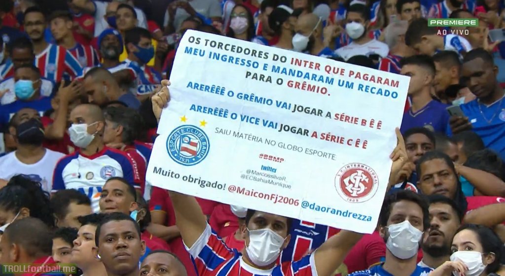 In yesterday's Brasileirão game, Bahia x Grêmio, which was decisive for Grêmio relegation's escape chances (since Bahia is direct competition), Internacional (their rivals) supporters paid tickets to Bahia supporters in an attempt to completely fill the stadium. Bahia won 3x1.