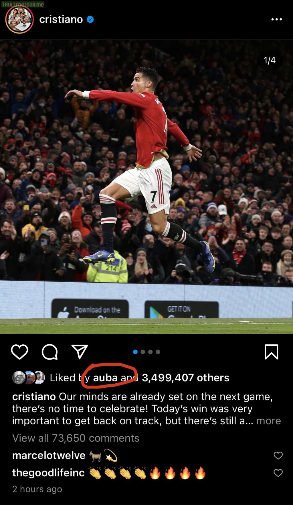 [Instagram] P-E Aubameyang likes Ronaldo’s Instagram post after Man Utd’s 3-2 victory against Arsenal today.
