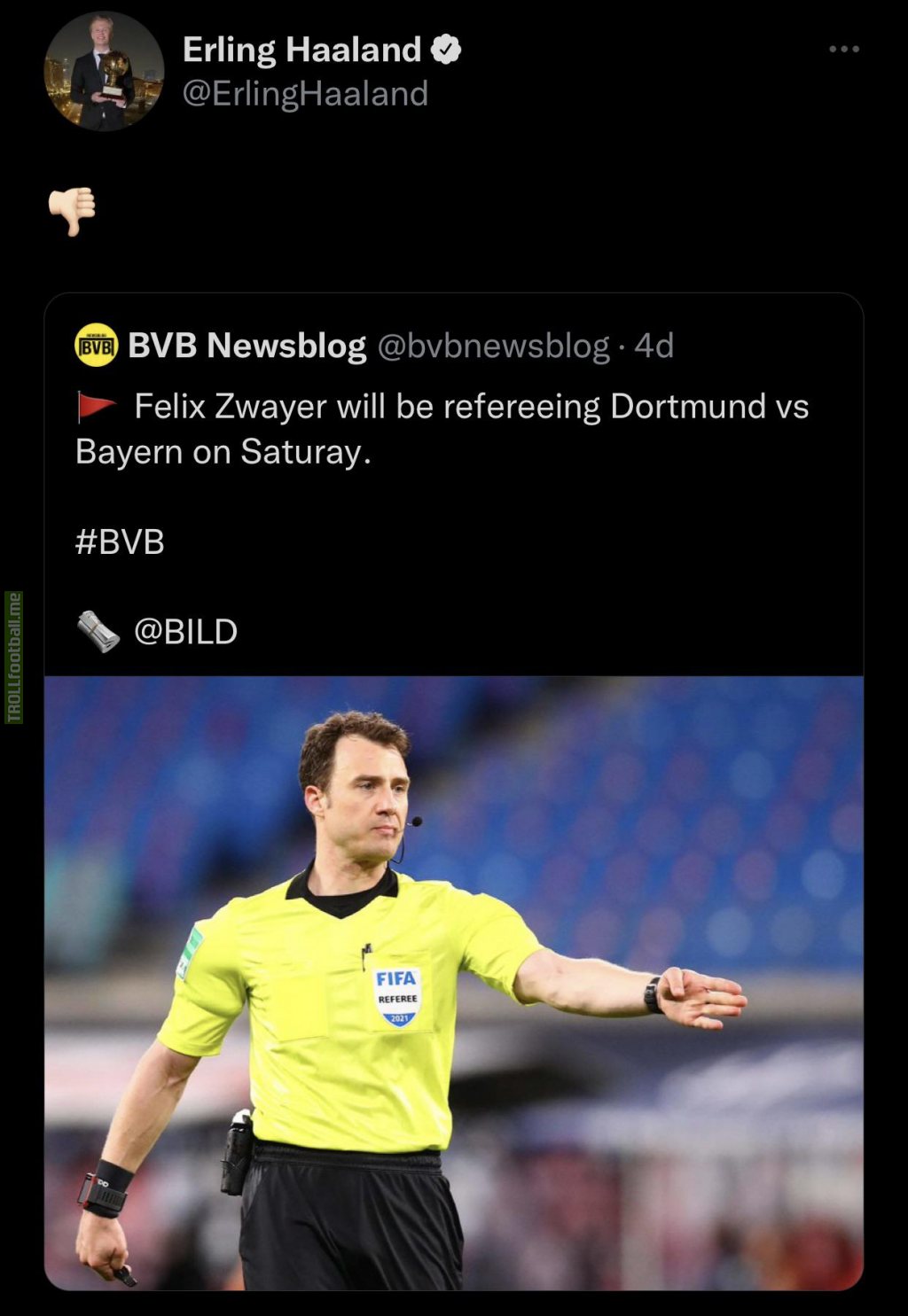 Erling Haaland on Twitter after Felix Zwayer's controversial performance as referee during Dortmund vs. Bayern