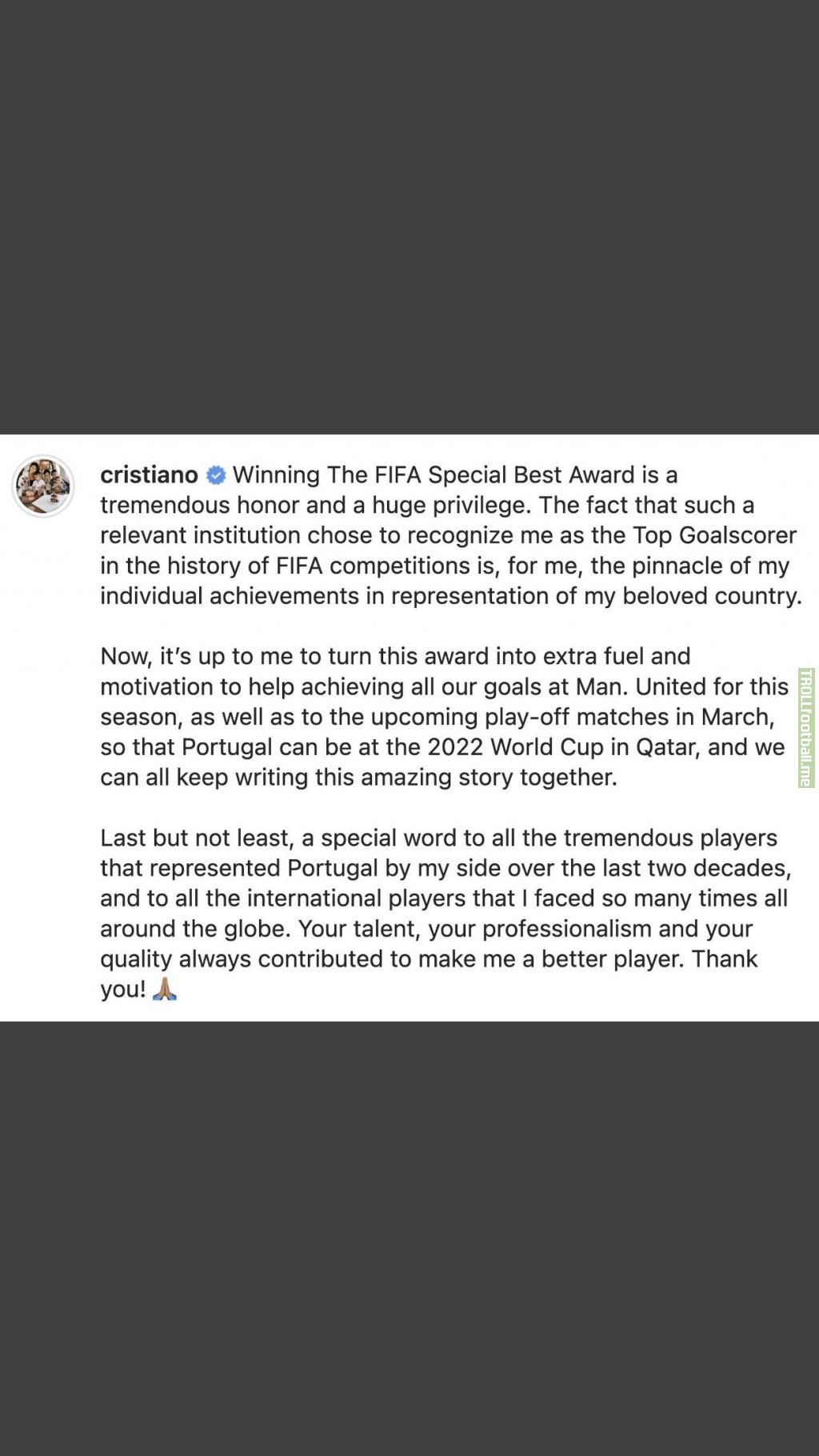 [C. Ronaldo on Instagram] Winning The FIFA Special Best Award