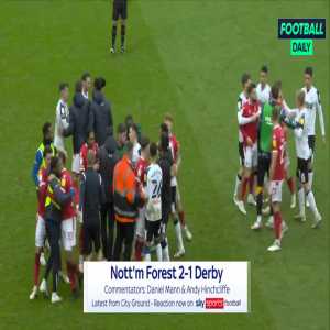 Tensions boiled over at full time in the game between Nottingham Forest and Derby after Ravel Morrison was shown a red card in the 97th minute