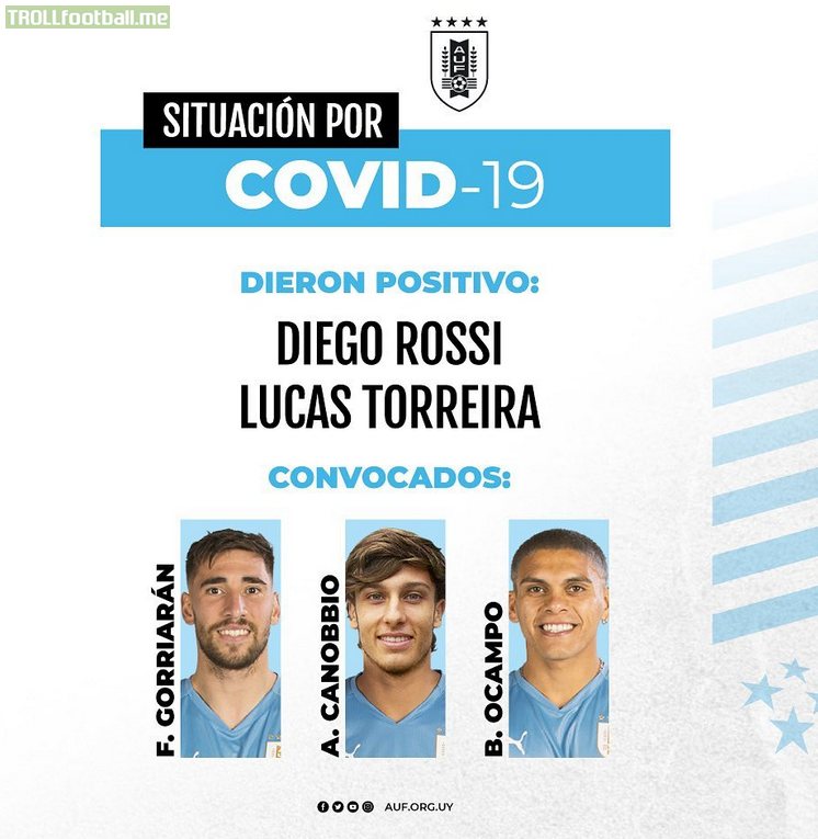 [Uruguay] Torreira and Rossi test positive for Covid-19. A. Cannobio, F. Gorriarán and B. Ocampo called up to the NT.