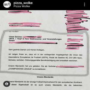 [Denis Müller] Just wanted to mention that UEFA has taken legal action against the restaurant Pizza Wolke in Gießen (Germany) because a pizza is called "Champignon League". I'm not kidding you.