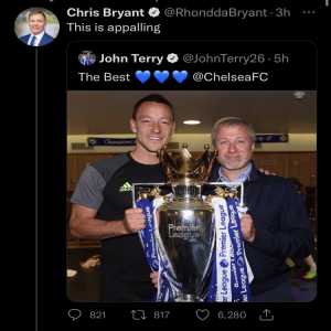 [Liam Twomey] On Chris Bryant's shocking comments on Terry: "Asking valid questions about sanctions against oligarchs in Parliament is one thing, but I’m not sure what practical purpose a tweet like this serves. Why is what John Terry thinks of Abramovich important to the bigger conversation here?"