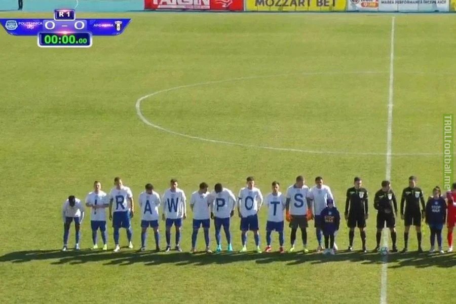Romanian Second League fixture between Politehnica Iași and Astra Giurgiu. Poli Iasi's players wanted to send an anti-war message, but they sat down the other way round.