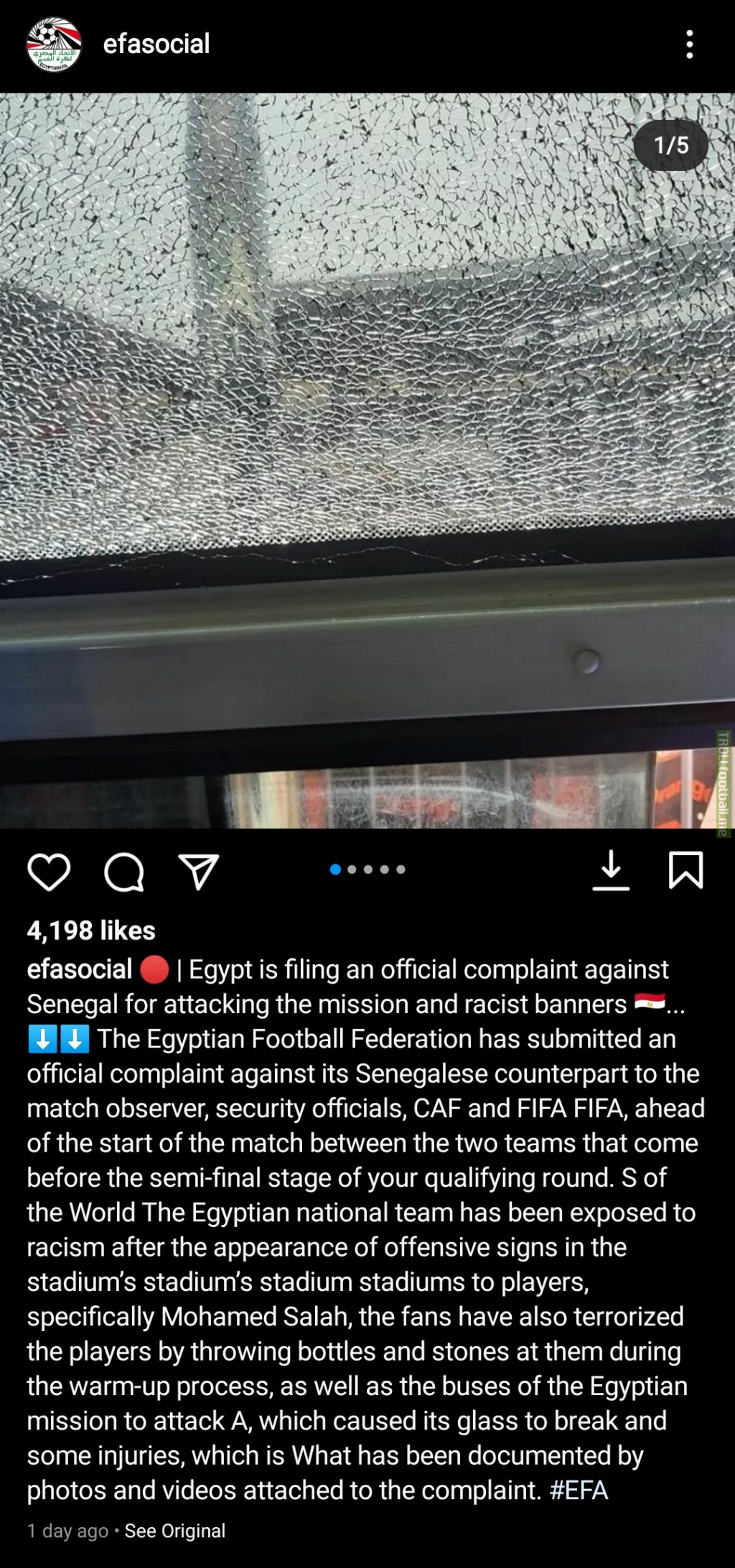 Egypt files complaint to CAF and FIFA regarding the use of lasers, projectiles and racist banners by Senegalese fans.