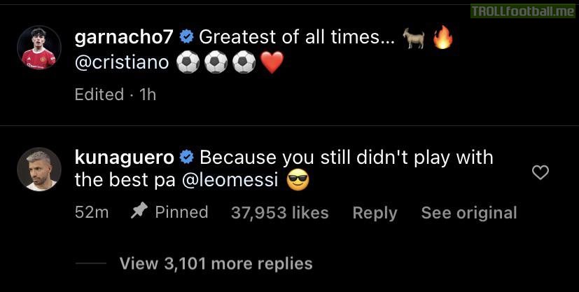 [Sergio Aguero]’s comment underneath instagram post from Garnacho calling Ronaldo the GOAT