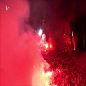 Römerberg in Frankfurt erupts in flames as the Eintracht squad presents the EL Cup to their fans