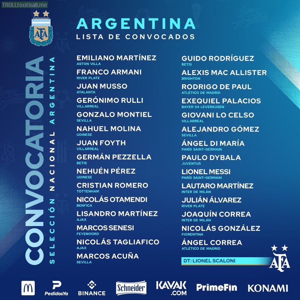Argentina's definitive call ups for the match against Italy. Paredes out because of injury. Romero and Senesi included.