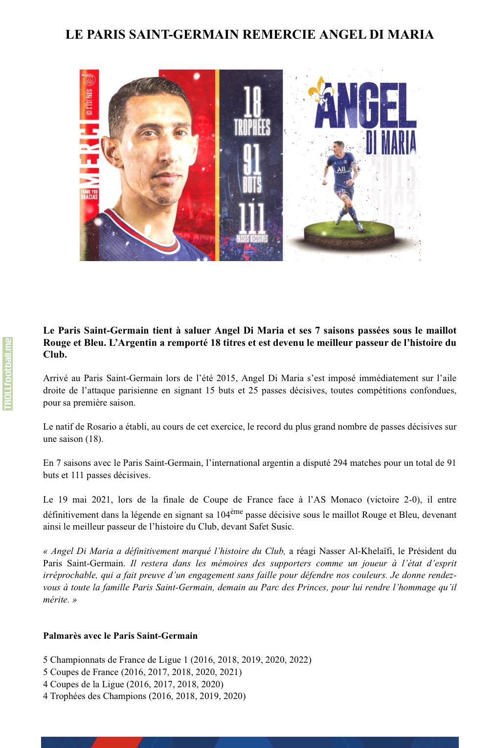 PSG announces Ángel Di María's departure after 7 seasons at the club. The Argentine won 18 titles and is the club's leading assist provider all-time.
