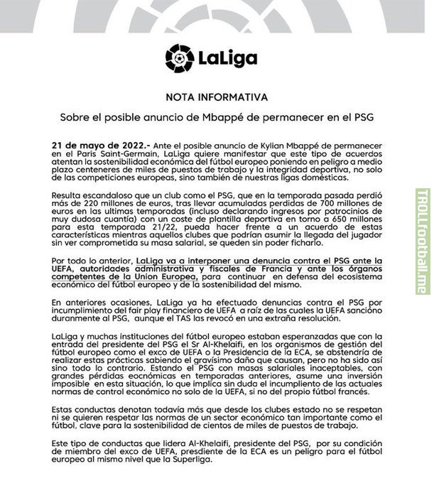 [Official] La Liga has reported PSG to UEFA