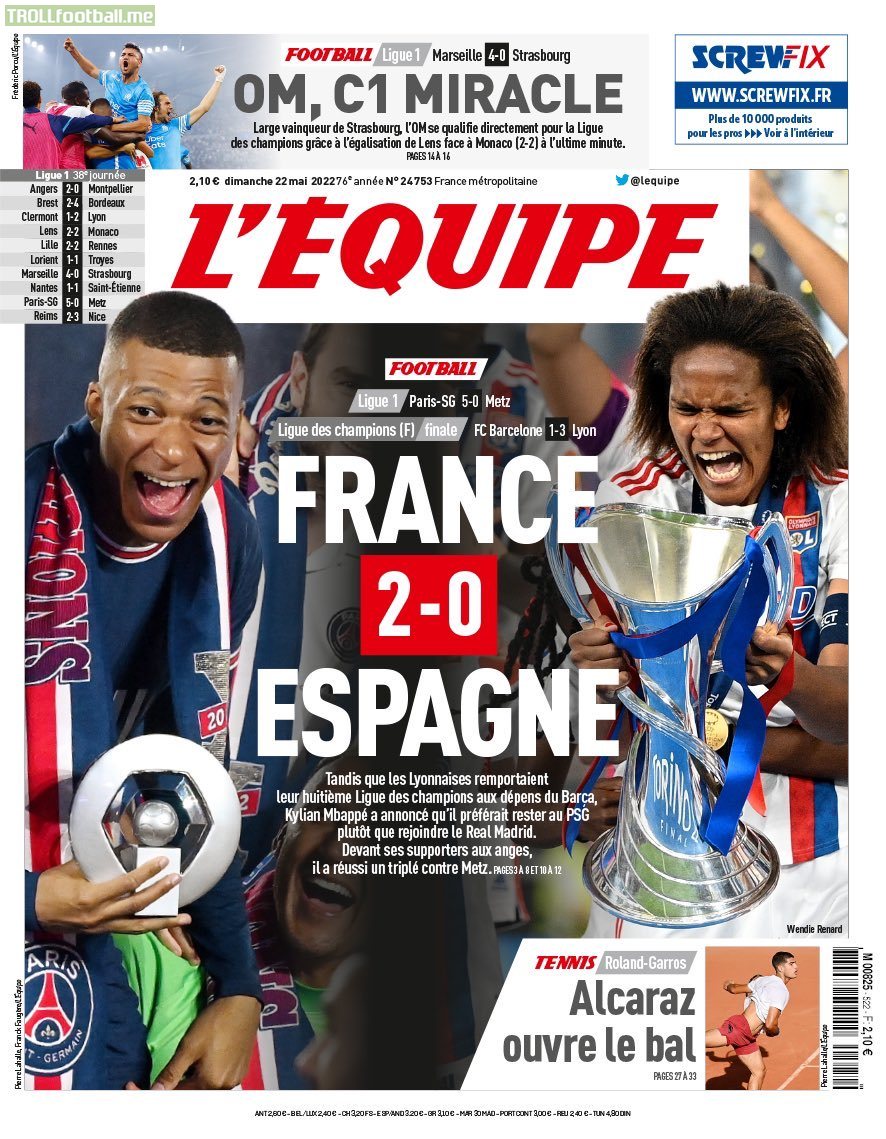 Tomorrow’s L’Équipe: “France 2-0 Spain.”