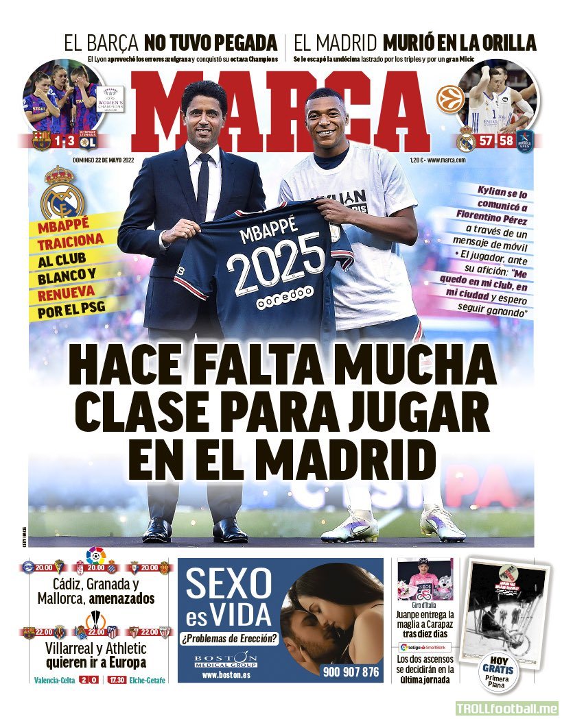 Tomorrow’s Marca: “A lot of class is needed in order to play for Madrid.”