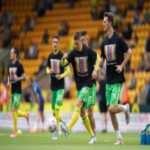 [Proud Canaries] Norwich City players wearing warm-up t-shirts in support of recently-out Blackpool player Jake Daniels