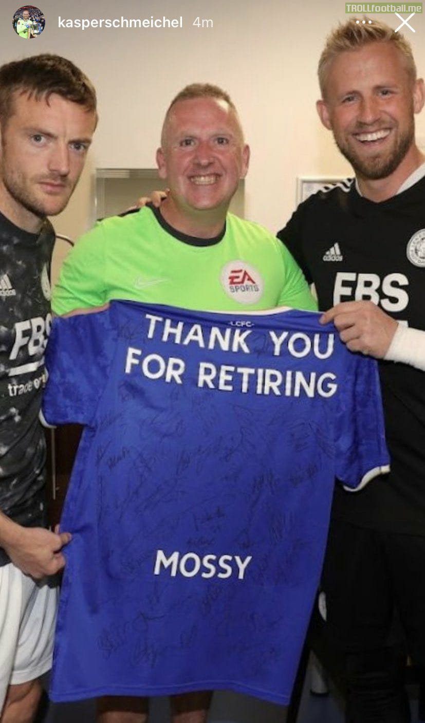 Schmeichel and Vardy with Jon Moss, as he has reffed his last game today!
