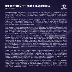 [FIFPRO] The Adjudicatory Chamber of the FIFA Ethics Committee decided to not sanction an Argentinian coach despite multiple accounts of sexual harassment and abusive behaviour.
