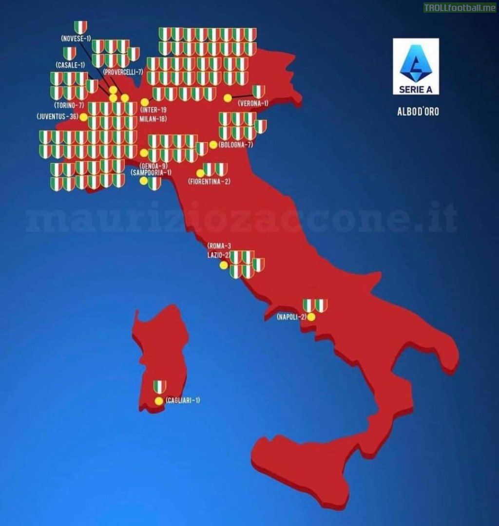 Map of Serie A title winners since the introduction of round-robin tournament in 1929-30 season