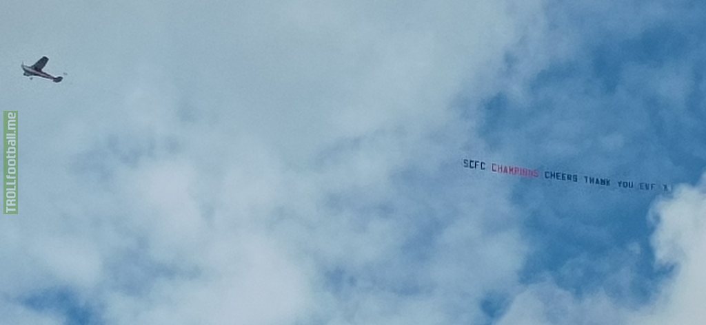 Stockport banner flying over the Wrexham vs Grimsby National League Playoff Semi-Final