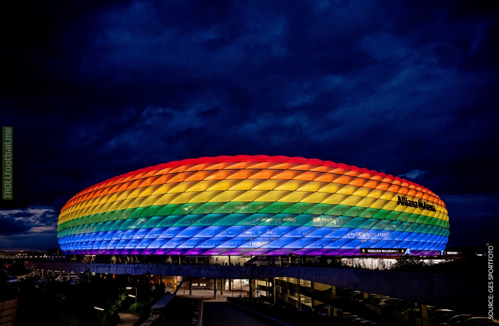 [DW] Allianz Arena shines in rainbow colors during Germany's Nations League match against England. UEFA prohibited the stadium from doing so during Germany's Euro 2020 match against Hungary — the last time the national team played a match in Munich.